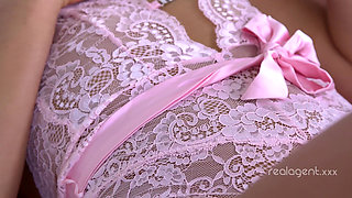 Juicy Young Brunette Babe in Sexy Pink Lingerie Jessica Lincoln Became Horny When She Was Writing Her Diary