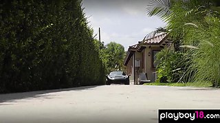 Nude asian babe and BFFs washing a car