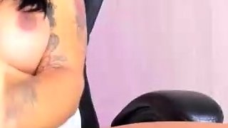 Big tit shemale jerks her long cock