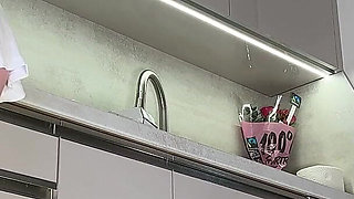 Big Tits Big Ass Hot and Cute Beautiful New Wife Takes Her G-string off to Flash Her Tight Shaved Pussy in the Kitchen