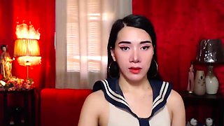 Asian shemale schoolgirl BitchSweetHeart jerks off on webcam