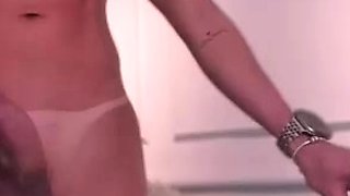 Big tit shemale jerks her long cock