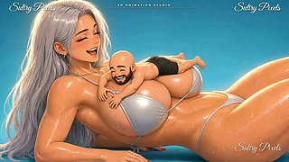 Tiny Man Lies on Top of a Giant Anime Babe's Huge Breasts - She Can't Stop Laughing