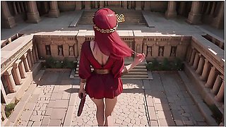 Red-haired Priestesss Forbidden Bath Ancient Stone Corridors Dappled With Light She Lounges In A Circular Pool Overflowing With Liquid