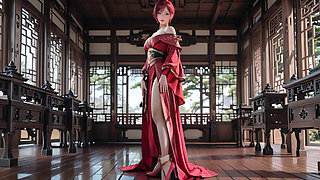 Purple-haired War Maiden in High-slit Kimono, Kneeling to Tease Your Eyes with a Fiery Gaze and a Wet, Forbidden Whisper.