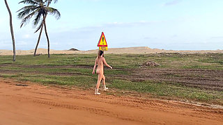 Naked Busty Blonde Walks by Car on Public Road