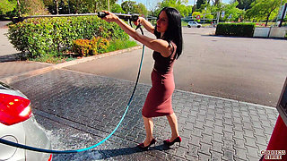 I Wash My Car - Hot Girl Next Door in a Pencil Skirt and High Heels