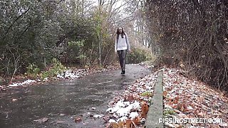 Gorgeous outdoor pissing with a long-legged brunette Joana Intense