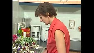 Hairy mature MILF gets plowed in the kitchen
