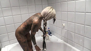 German MILF Mila Elaine with huge tits gets fucked hard in bathroom doggy style and sucks cock for a cum in mouth finish