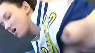 Asian guys fuck white cheerleader on bus