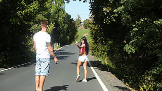 Italian petite strips down in nature and fingers her pussy