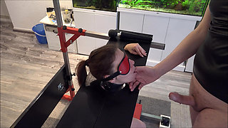 Slave Defenseless in Pillory Driven to Orgasm on Sybian