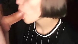 schoolgirl gives a blowjob, cum all over her face
