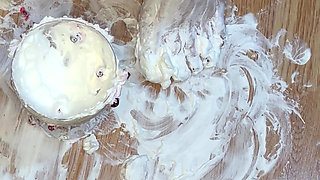 Playing with whipped cream and fruit with my naked feet