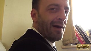 Subslut Montse Swinger gags on pecker before aggressive anal screw