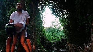 Blowjob loving brunette sucks outdoor