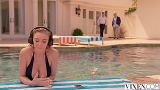 Breathtaking blonde tries to endure a big white pipe in her mouth and sweet cunt