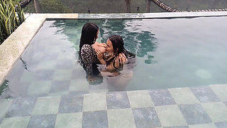 Outdoor Pool Lesbian Session: Esther Sucking Andrea's Tits