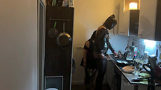 Dominant MILF Stretches Latex Sub's Ass Wide in Kitchen