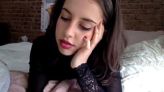 Small titted brunette teen fingering on the bed