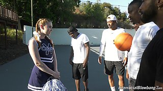 Black basketball team is face fucking white cheerleader Arietta Adams