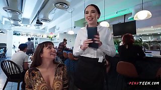 Sneaky Waitress Titty Fuck & Blowjob in Restaurant - Public Sex Caught with Big Tits Teen