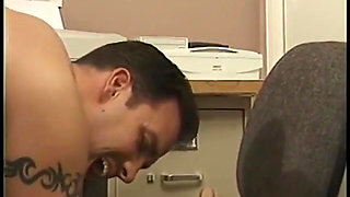 Dude licks corseted c-cup blonde's pussy while second dude sucks his cock