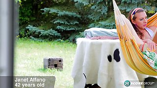 MILF and mom Janet Alfano sucks and fucks young cock outdoors