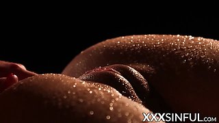 Lustful lesbian babe fingers and licks pussy very slowly