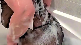 Stepmom Takes a Bath in Stockings and Sexy Lingerie, Wet Big Ass