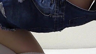 Natural Big Tits Spill Out From No Bra Denim Mini Skirt Overalls, Wedgie Micro Thong Panties,　japanese Girl's Erotic Exercise