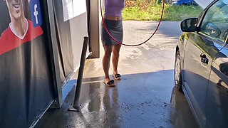 I Undress While Washing the Car at the Car Wash, Showing My Tits and Pussy in Public