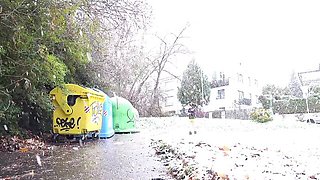 Gorgeous angel in a leather jacket Mini Mitzi X is pissing outdoors