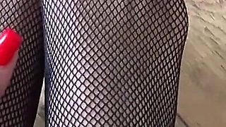 Adeline Murphy Is a Cheating Wife in Black Fishnet Stockings. Footjob POV Cum Onto Feet