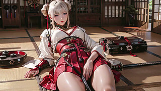 Red & White Kimono Warrior! Kneeling on Tatami with Dual Blades, Silver-Haired Girl's Mesmerizing Gaze.