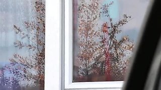 Naked MILF in Public: Blonde Wife Without Panties Washes Window as Taxi Driver Watches