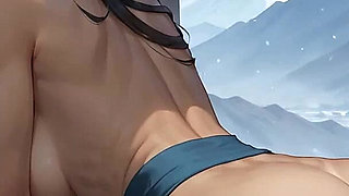 A Seductress Lies Sensually on Snow at a Japanese Shrine, Milk Spewing Out Down Her Body Against the Backdrop of Mount Fuji, Cherry Blossoms, and Torii Gates