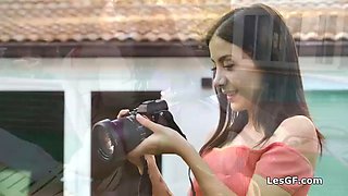 Poolside shoot becomes a horny oil-fueled threesome