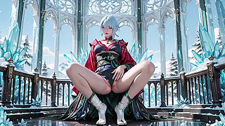 Ice Throne! Silver-haired Mage in Red-Green Gown Kneeling, Blue-Haired Partner Teasing in Snowy Realm!