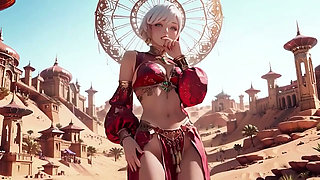 Desert Fantasy! Silver-haired Saintess's Private Dance in the Red-gold Palace, Light Ribbons Wrapping Around Her.