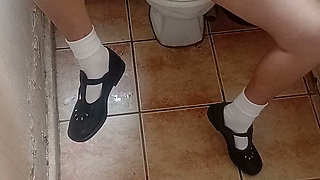 Hot Girl Slut Masterbation with Pink Vibrator in Toilet Mini Skirt