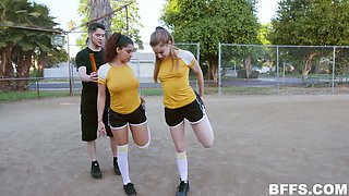 Sexy football girls are fucked and jizzed by horny coach with big cock