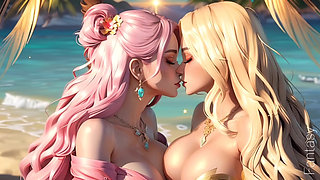 beautiful girls kissing on beach (Ai models)
