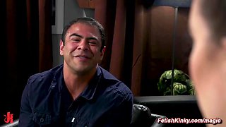 Buxom boss pegging tied job applicant