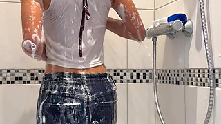 Clothed Shower: Skinny Asian Wet Look in Wet Jeans & Wet Top - Solo Shower Show & Wet Body Admiration