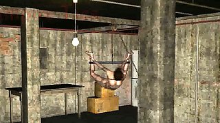Tied up 3D cartoon babe hanging from the ceiling