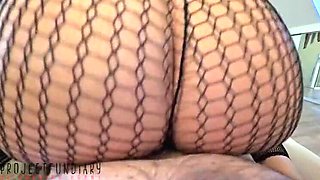 Curvy Black Lady in Fishnet Bodysuit Rides Cock POV Cowgirl Amateur