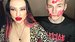 Juicy Sticky Loud Aggressive Kisses All Over a Guy's Face with Red Lipstick