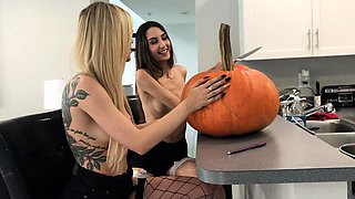 Blonde and brunette lesbian MILFs fuck with toys in bed